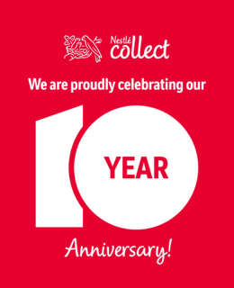 Red poster celebrating Nestlé Collect's 10th anniversary with large white text stating "10 YEAR Anniversary!"