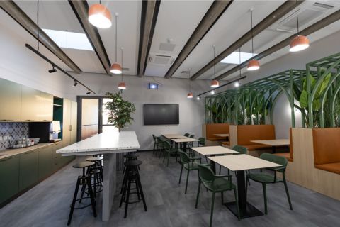 Modern office break room featuring a green plant, seating areas, a kitchen, and large windows with natural light