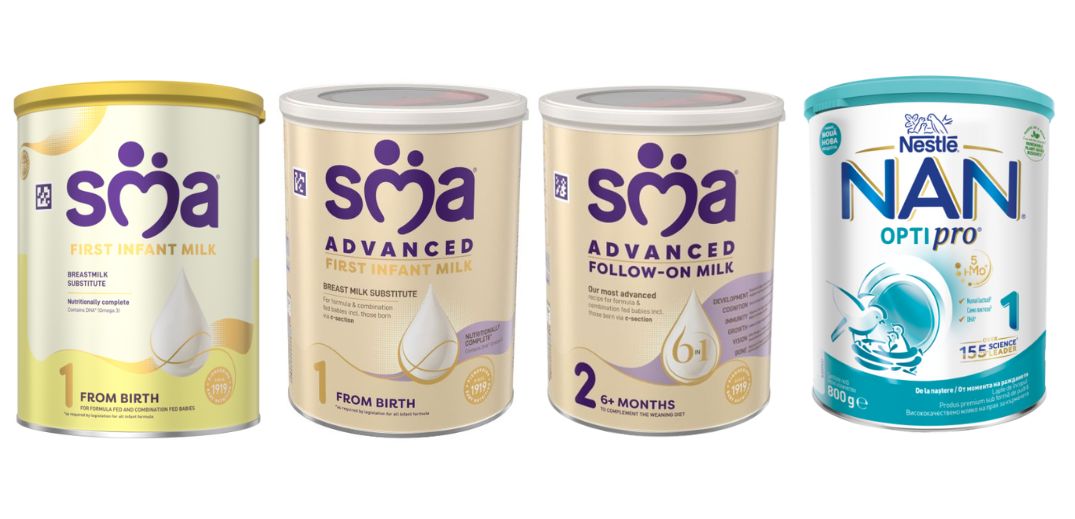 Four milk formula cans SMA First Infant Milk, SMA Advanced First Infant Milk, SMA Advanced Follow-On Milk,and Nestlé NAN OPRO