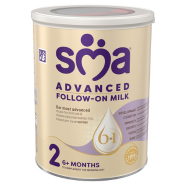 SMA Advanced Follow-On Milk powder canister, suitable for infants 6+ months. Contains nutritional benefits with a 6-in-1 form