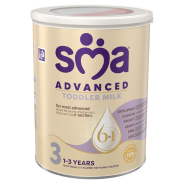 A can of SMA Advanced Toddler Milk for ages 1-3 years, featuring a gold design and a purple logo.