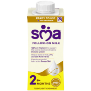 SMA Follow-On Milk carton, designed for infants 6+ months, enriched with vitamins and essential nutrients. Ready to use.