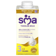SMA Toddler Milk carton, suitable for ages 1-3 years, enriched with vitamins and iron, featuring a child-friendly design.