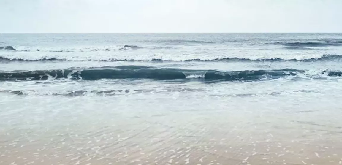 A tranquil seaside view featuring gentle waves lapping against a light sandy shore under a cloudy sky.
