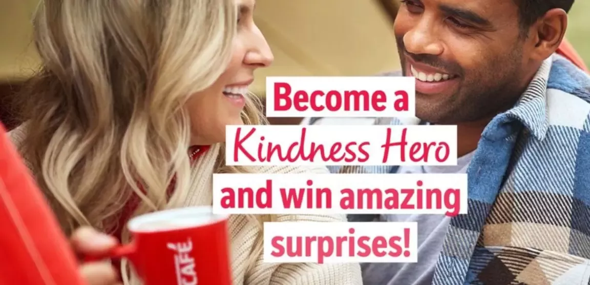 A woman and a boy sit together, holding cups, with text promoting a Kindness Hero initiative for winning surprises.