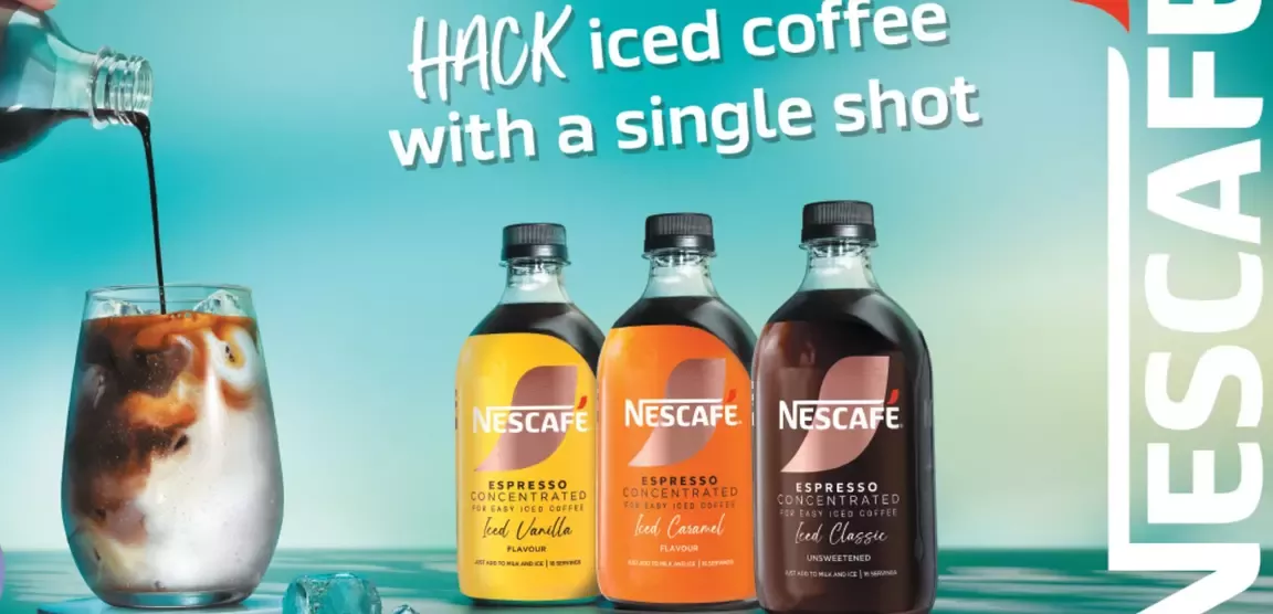 Hand pouring Nescafé espresso concentrate into iced glass, showcasing three flavors: Iced Vanilla Iced Caramel