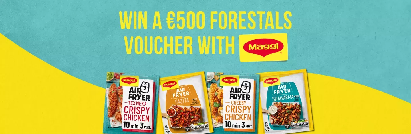 Win a €500 Forestals voucher with Maggi, featuring bold yellow text on a teal background and Maggi logo.