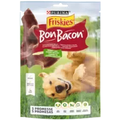 A colorful package of Friskies BonBacon dog treats featuring a happy dog lying on grass, highlighting bacon flavor