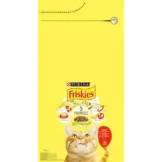Yellow bag of Purina Friskies cat food featuring a happy orange cat and the "5 promises" logo. Ideal for tasty cat nutrition