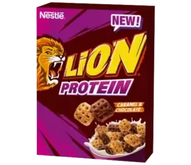 Nestlé Lion Protein cereal box with caramel and chocolate flavored squares, featuring a roaring lion and a bowl of cereal