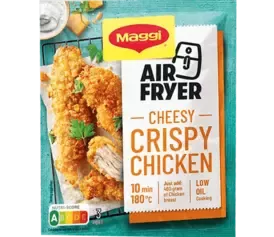 MAGGI Air Fryer Cheesy Crispy Chicken coating mix with golden crunchy chicken strips