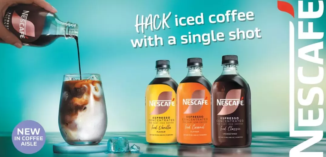 Hand pouring Nescafé espresso concentrate into iced glass, showcasing three flavors: Iced Vanilla, Iced Caramel, and Iced Classic.
